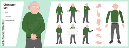 Illustration of old man, wearing casual clothing in a set of multiple poses. Easy to edit with editable line strokes and isolated on white background. Suitable for animation.