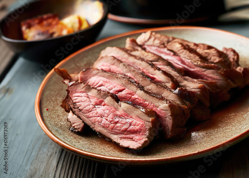 Fragrant and delicious grilled medium-rare meat served on a ceramic plate with herbs