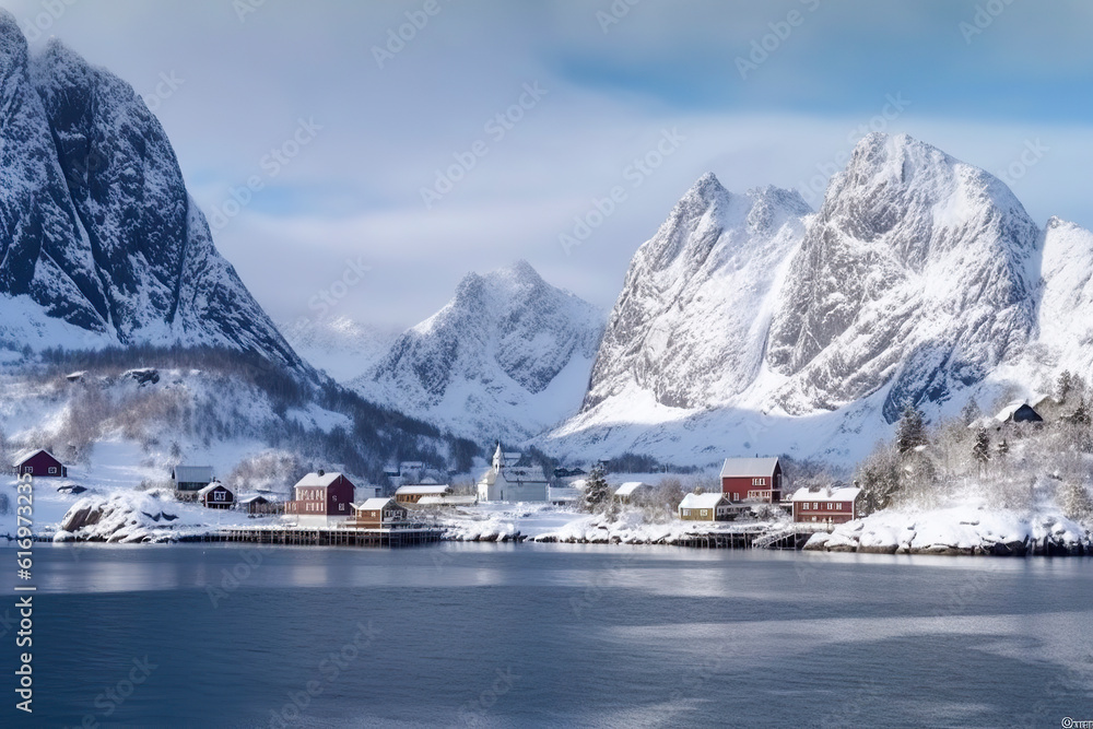 Winter's Tranquility: Captivating Serenity in a Majestic Norwegian Fiord Blanketed in Snow, ai generative