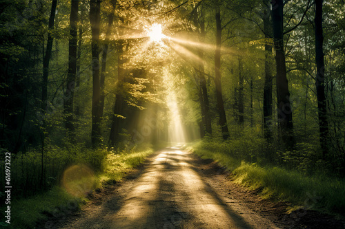 Sunlit Serenity  Captivating Forest Path Bathed in Golden Sunbeams  ai generative