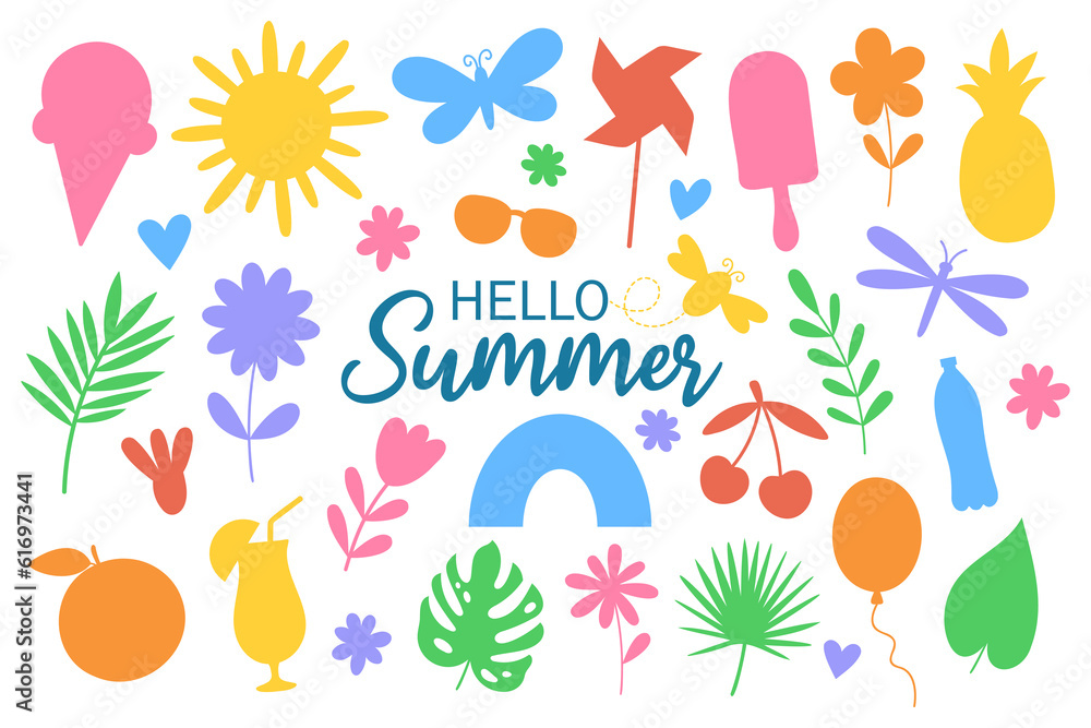 Set cute summer elements set. Hello summer lettering. Color silhouette vector illustration.