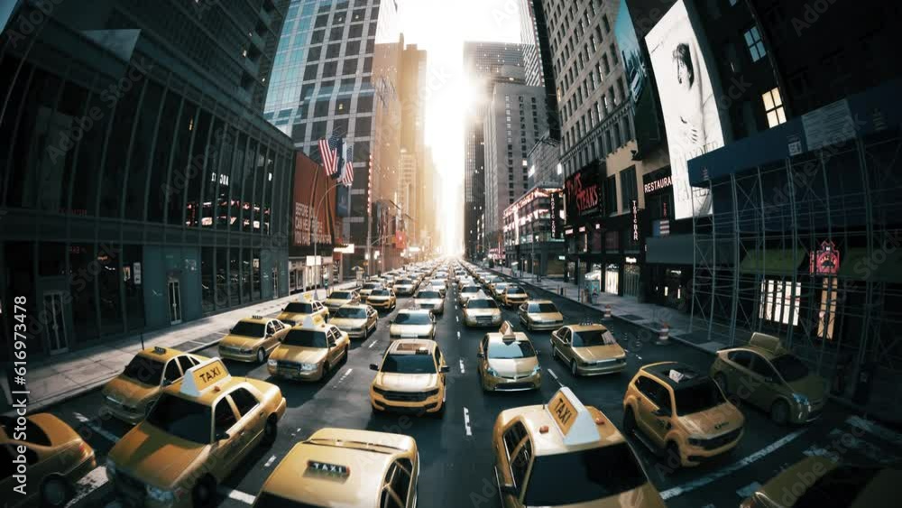 Taxi traffic jam in a big city. Many taxis on the street on a busy day in manhattan. New York taxis. 3d visualization Taxi traffic jam in a big city. Many taxis on the street on a busy day in manhattan. New York taxis. 3d visualization