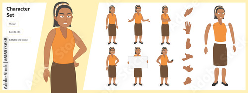 Illustration of woman, wearing business casual clothing in a set of multiple poses. Easy to edit with editable line strokes and isolated on white background. Suitable for animation.