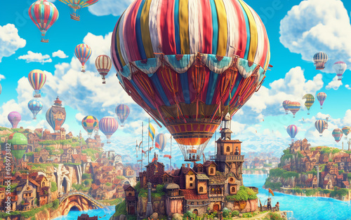Hot air balloons. Floating hot air balloons that resemble the aerial views of medieval European cities.  Generative AI