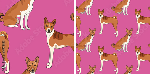 Basenji dog holiday wallpaper. Pets square background, repeatable pink plain pattern, print tiles. Seamless pattern with dogs in a stitting and standing pose. Summer background with pets characters. 