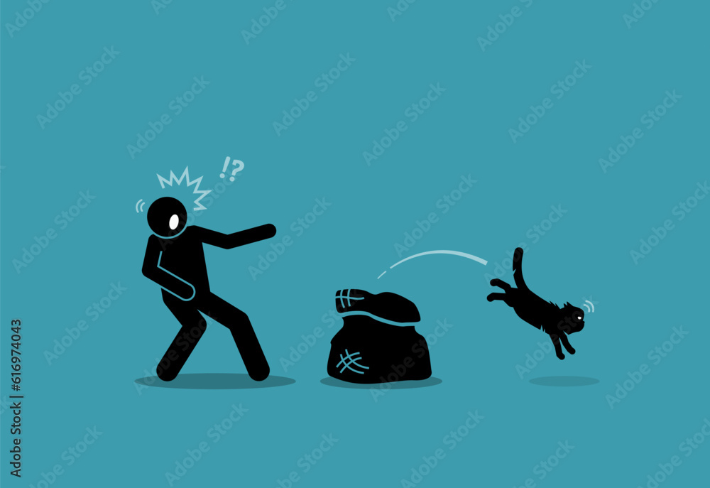 Cat out of the bag. Idiom sayings proverb. Vector illustration depicts