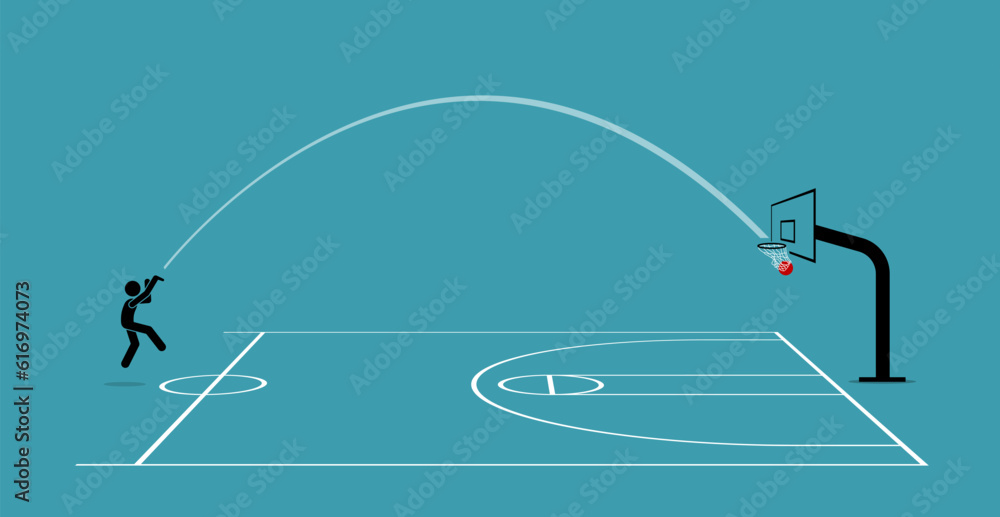 Man shooting a basketball from half court into a hoop and score. Vector