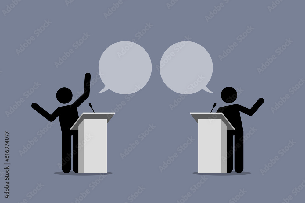 Two speaker debate and argue on a podium. Vector illustration depicts