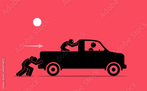 Foolish man helping people to push a broken pickup truck from the cargo bed. Vector illustration depicts concept of stupid, idiotic, fool, pointless, mistake, irrational, and not helping. photo