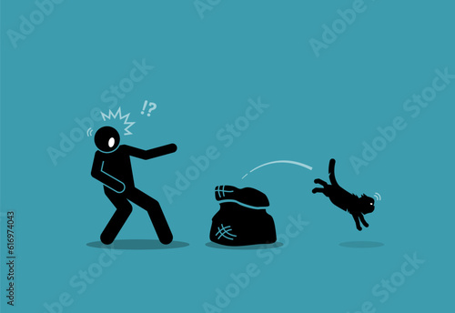 Cat out of the bag. Idiom sayings proverb. Vector illustration depicts concept of secret is being revealed, exposed, leaked, known, no longer hidden, and the truth is out.