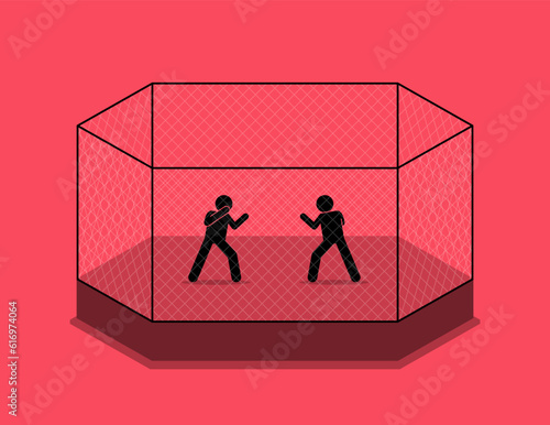 Cage fight between two fighters. Vector illustration depicts concept of cage fighting, boxing match, martial arts, challenge, one on one, rival, clash, and showdown.