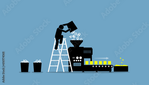 Person pouring and loading raw data into a machine and convert the data into useful and valuable information. Vector illustration depicts concept of data mining, processing, utilization, and compile. photo