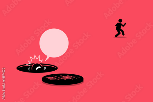 Man abandon his friend in the hole and run away. Vector illustration depicts concept of neglect, selfish, unreliable, untrustworthy, backstab, forsake, unreliable, and bad person. photo