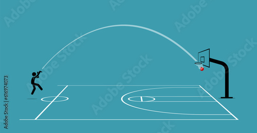 Man shooting a basketball from half court into a hoop and score. Vector illustration depicts concept of accurate, precise, skillful, objective, focus, concentrate and practice makes perfect.
