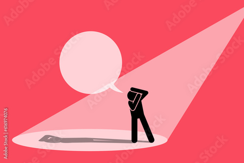 Person trying to avoid limelight and covering his eyes from glaring spotlight. Vector illustration  depicts concept of infamous, reject fame, shy away from public interest, and unwanted attention. photo
