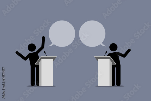 Two speaker debate and argue on a podium. Vector illustration depicts concept of argument, political point of view, disagreement, discussion, different opinions, and presentation.