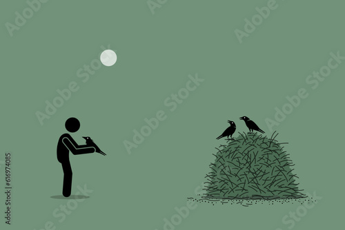 A bird in the hand is worth two in the bush. Vector illustration depicts concept of appreciative, valuable, gratitude, wisdom, thankful, and judgement.