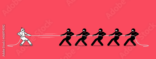 One robot AI artificial intelligence is stronger and better than many humans. Robot tug of war with people. Vector illustration concept of competition, job loss, future workers replacement by AI.