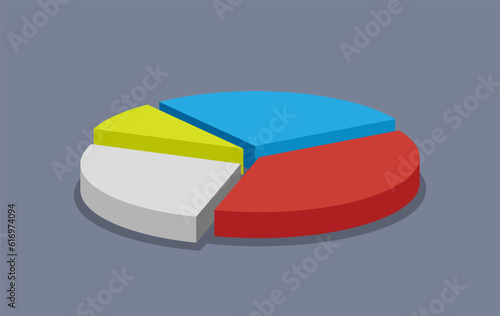 3D pie chart split into four different segments. Vector illustration  depicts concept of statistic, proportion, survey, financial breakdown, data analytics, and percentage report.