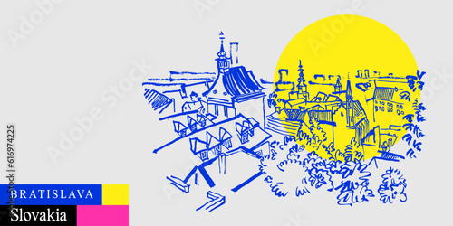 Vector Bratislava skyline drawing postcard. Slovakia, Europe. Belfry, roofs, trees, sky. Artistic Slovak travel sketch in bright vibrant colors. Modern hand drawn touristic poster, book illustration