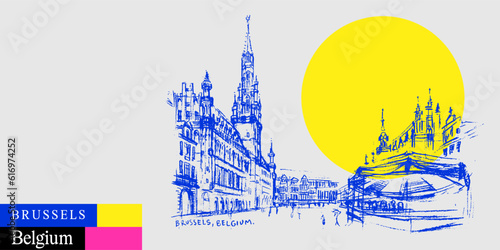 Vector Brussels, Belgium postcard. Grand Place artistic travel sketch in bright vibrant colors. Modern hand drawn touristic poster, book illustration