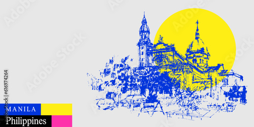 Vector Manila, Philippines drawing postcard. Manila Cathedral, Intramuros, Manila Philippines, Southeast Asia. Artistic travel sketch in vibrant colors. Modern hand drawn touristic poster illustration