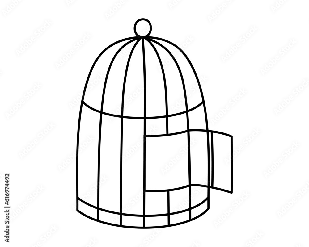 Hand drawn cute outline illustration of open cage. Flat vector release feelings and emotions in colored doodle style. Liberation, freedom concept sticker, icon or print. Isolated on white background. Hand drawn cute outline illustration of open cage. Flat vector release feelings and emotions in colored doodle style. Liberation, freedom concept sticker, icon or print. Isolated on white background.