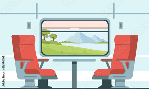Modern interior of train car with armchairs, table, hangers, shelves for suitcases and window with view of nature. Empty railway transport, cartoon flat style isolated vector concept