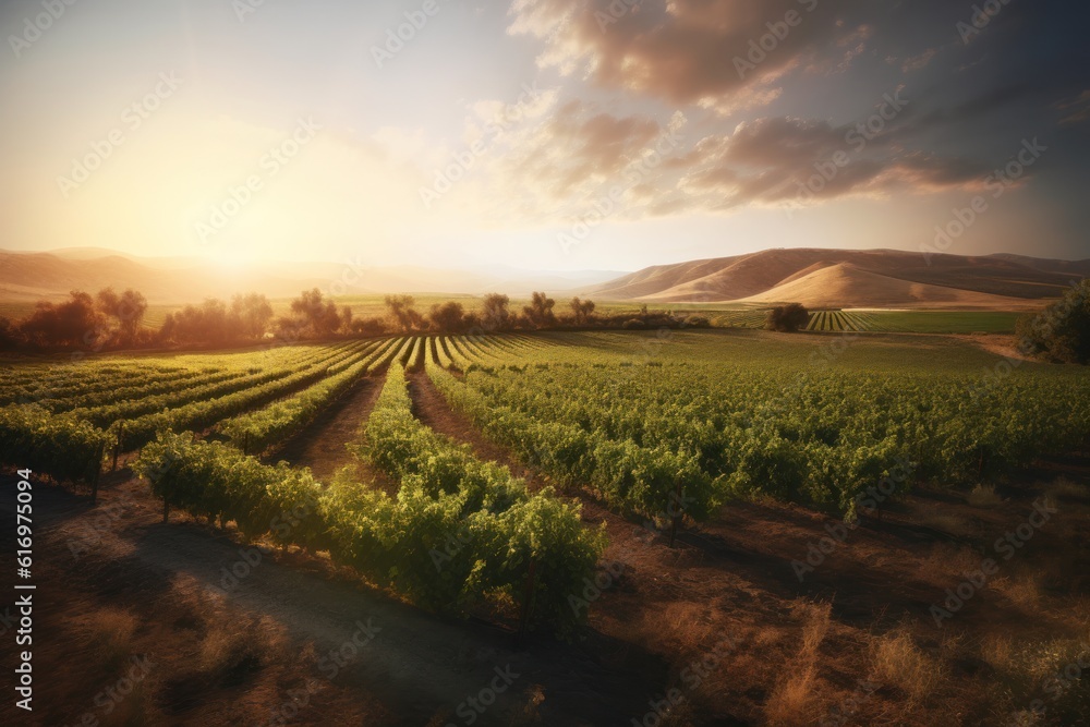 Beautiful landscape of vineyards rows on mountains or hills sunset background with cloudy sky