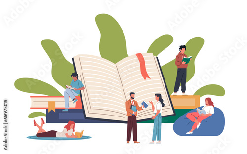 People library. Tiny book lovers read big volumes of literature, readers club, gaining knowledge, printed products, men and woman education and hobby. Cartoon flat nowaday vector concept