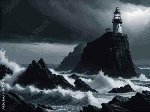 oil-painting-style image of a tranquil beach at twilight, with a lone lighthouse standing tall against the darkening sky. Capture the warm, golden light emanating from the lighthouse, and showcase the