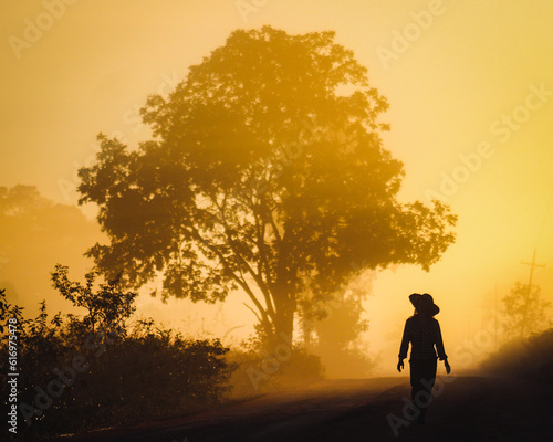 Amanhecer no Pantanal mato-grossense: Silhueta de pessoa não identificada com chapeu caminhando na estrada transpantaneira em um amanhecer com neblina photo