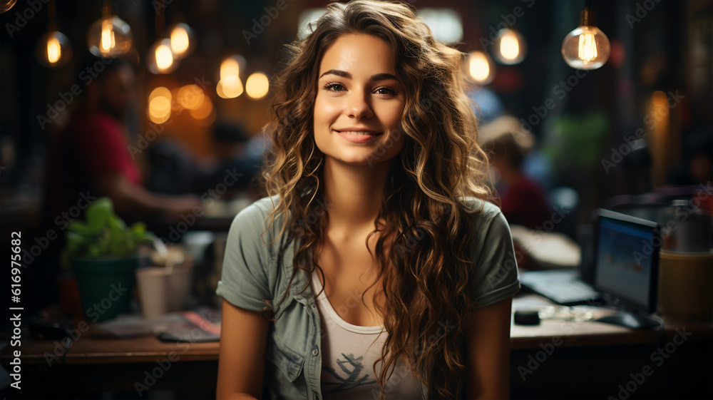 Smiling successful business woman after a completed project, office concept, personnel management Smiling successful business woman after a completed project, office concept, personnel management