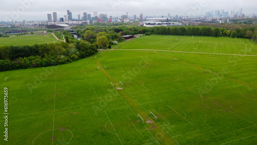 Photography A lot of  empty football pitches or soccer pitches seen from the sky with a dron