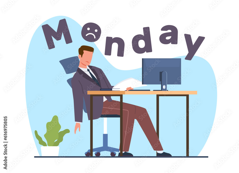 Sleepy and frustrated office worker on Monday morning. Man sitting at desk, sleep male character procrastination in workplace, burn out man. Cartoon flat style isolated vector concept Sleepy and frustrated office worker on Monday morning. Man sitting at desk, sleep male character procrastination in workplace, burn out man. Cartoon flat style isolated vector concept