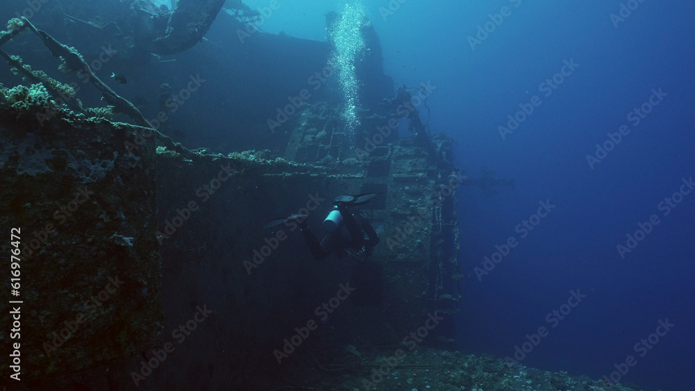 Scuba diver swim along hull of ferry Salem Express shipwreck, Back view, Red sea, Safaga, Egypt Scuba diver swim along hull of ferry Salem Express shipwreck, Back view, Red sea, Safaga, Egypt