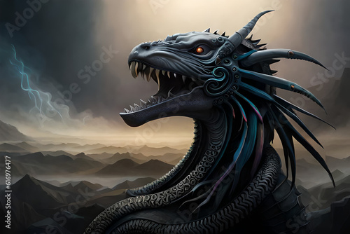 Fantasy evil dragon portrait. Surreal artwork of danger dragon from medieval mythology . Digital painting illustration Generative AI © Luci