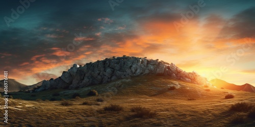 Sunset on hill sky copy space blurred background, AI Generated