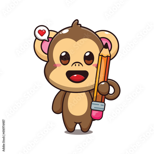 cute monkey holding pencil cartoon vector illustration.