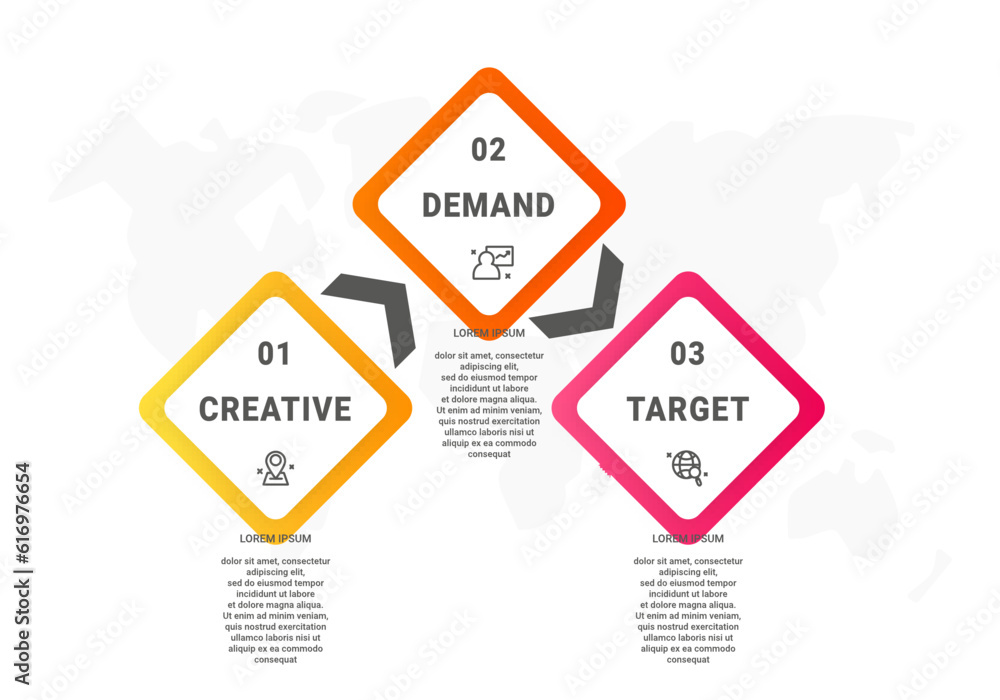 Business vector infographics with rhombus and arrows for three diagrams, graphs, timelines, charts, and presentations. The modern concept with 3 options and icons used with content, steps, marketing Business vector infographics with rhombus and arrows for three diagrams, graphs, timelines, charts, and presentations. The modern concept with 3 options and icons used with content, steps, marketing