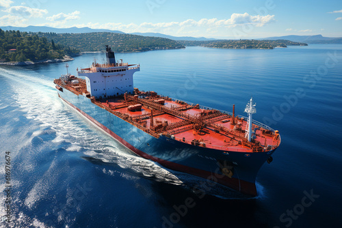Aerial drone ultra wide photo of small oil - chemical tanker cruising, Generative AI photo