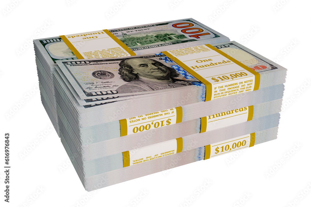 10 currency straps of 100 bills, worth of 10,000 each. Bundle of