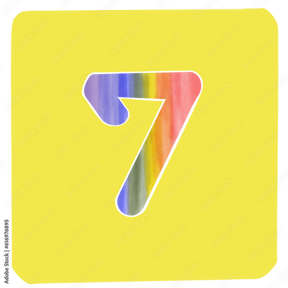 Arabic numerals 0 to 9 in rainbow colors on a yellow background in a square frame. Arabic numerals 0 to 9 in rainbow colors on a yellow background in a square frame.