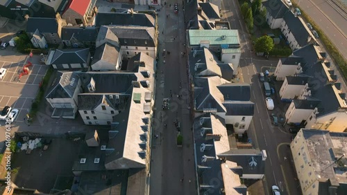 Aerial drone video of the shopping street in Fort William, Scotland.