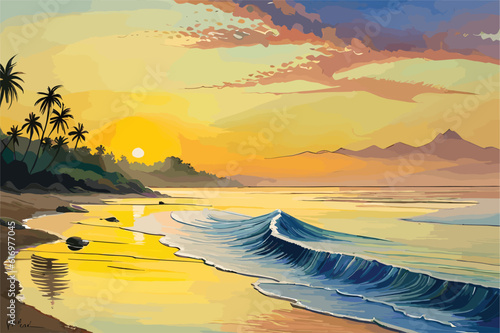 Sea landscape with seagull, morning on sea, wave, illustration, Oil painting paints on a canvas.