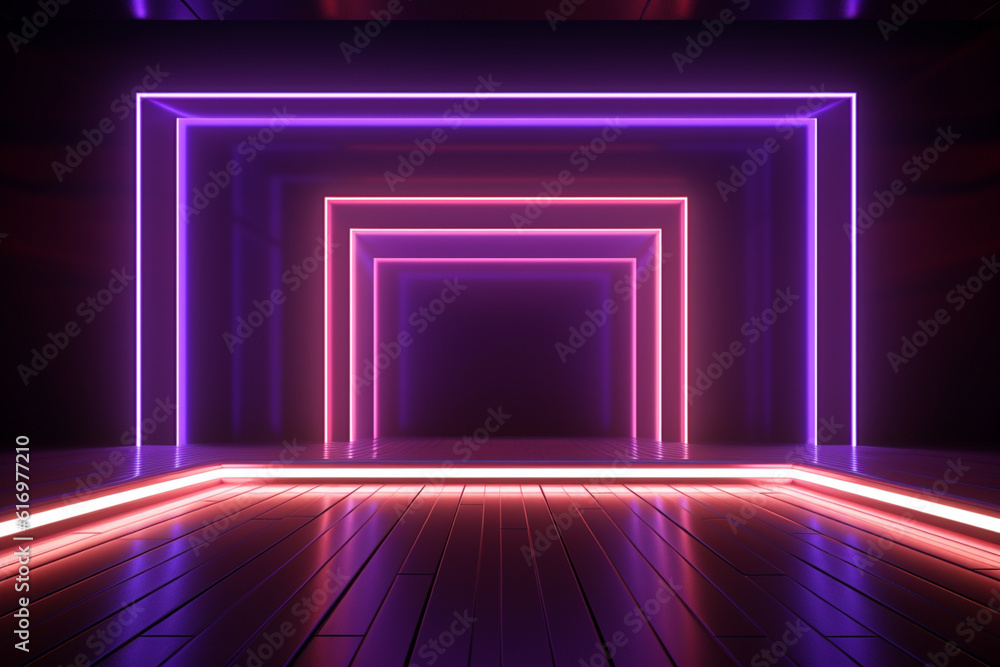Futuristic neon glowing background. Light show background with neon style elements. Background, wallpaper, screensaver. Generative AI