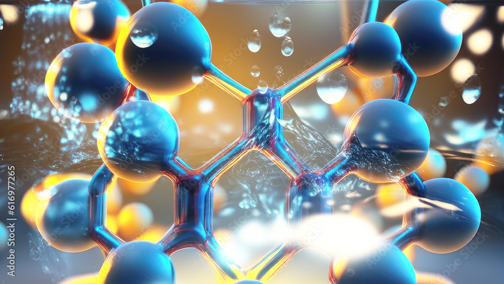 blue background with bubbles, 3d rendered illustration of a molecule ...