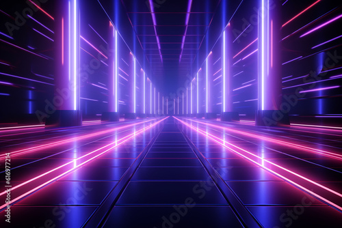 Futuristic neon glowing background. Light show background with neon style elements. Background, wallpaper, screensaver. Generative AI