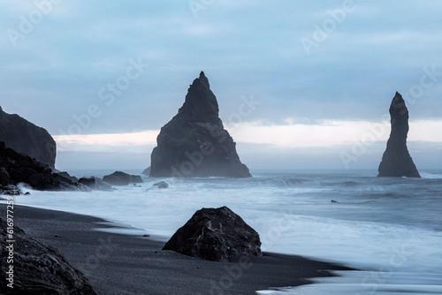 Rocks and Black Sand Beach, Vik I Myrdal, Iceland, northern europe, europe