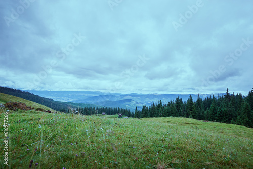 Beautiful mountains landscape with green meadow and village. Carpathians, Ukraine.
